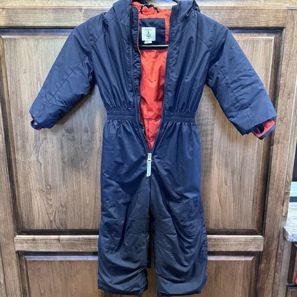 Lands’ End Kids Grow-A-Long Snowsuit 3T Navy Blue Red Hooded Winter‎ One-Piece - Picture 1 of 9